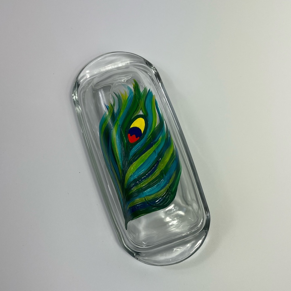 Peacock Feather Butter Dish Hand Painted New